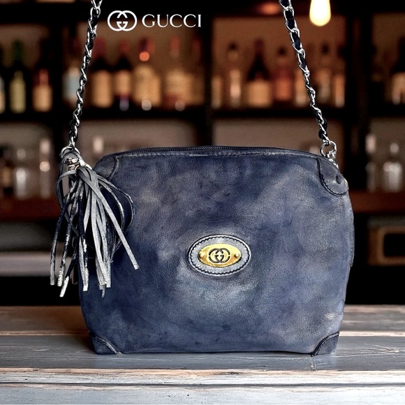 GUCCI AUTHENTIC leather denim vibe tassel Crossbody chain logo Front and center - Picture 1 of 9